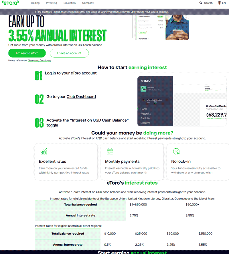 eToro interest on balances screenshot